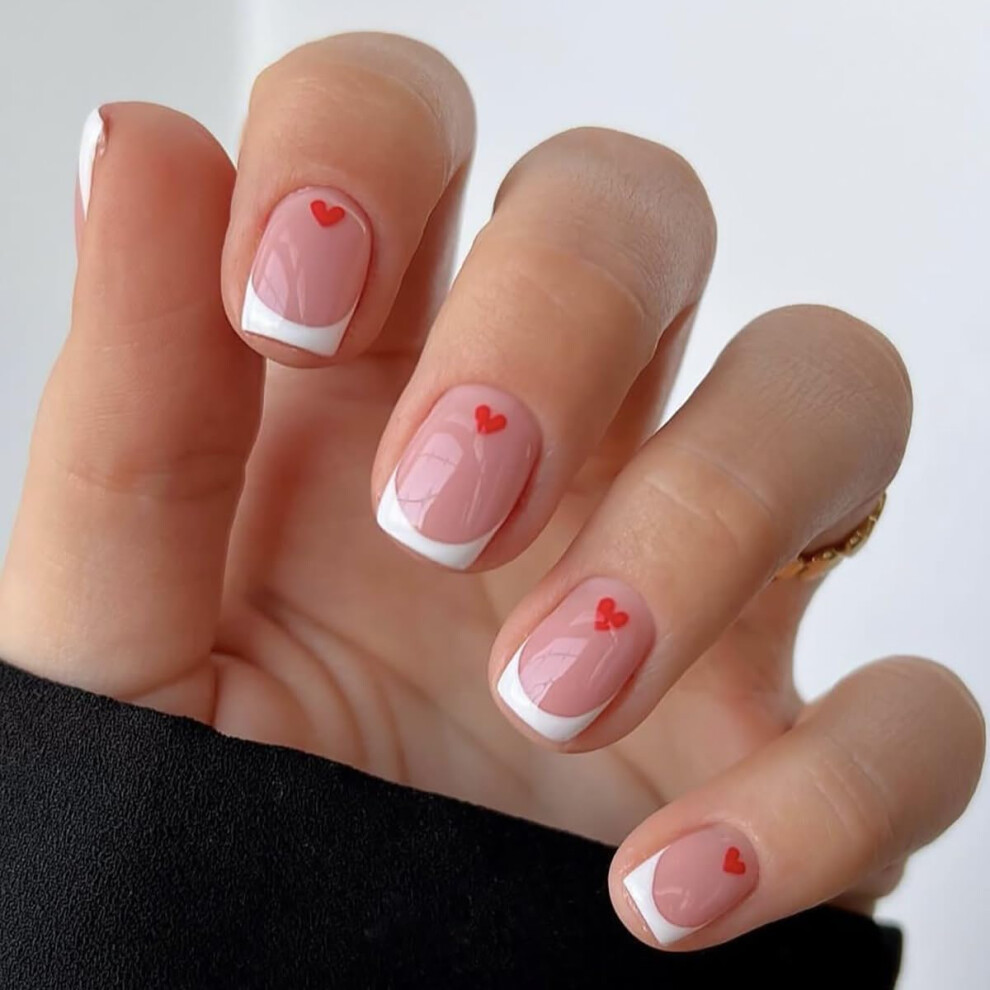 French Tip Press On Nails with Hearts 24pcs Short Square Glossy Valentine's Day Manicure for Women