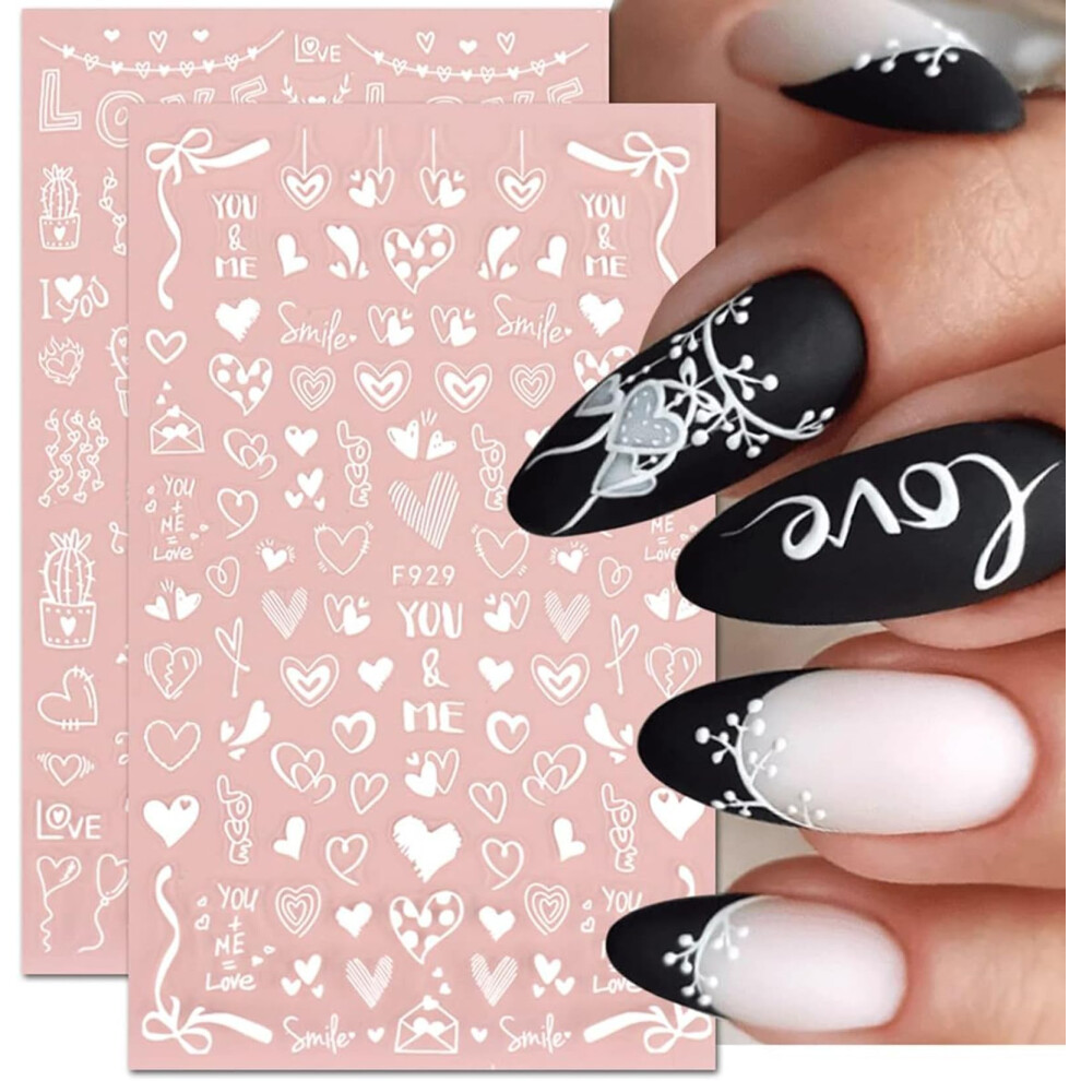 White Valentine's Day Nail Stickers 3D Heart Selfadhesive Nail Art Decals For Acrylic Manicure 8 Sheets