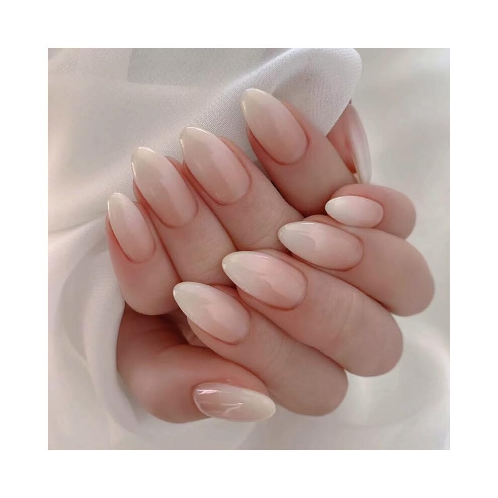Cream Press On Nails Long Almond Nude Ombre Ballerina Glossy Acrylic Fake Nails Kit For Women
