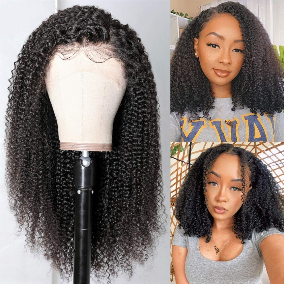 Unisex Human Hair Lace Front Wig 13X6 Kinky Curly Brazilian Remy Pre Plucked Bleached Knots 8 Inch 150% Density
