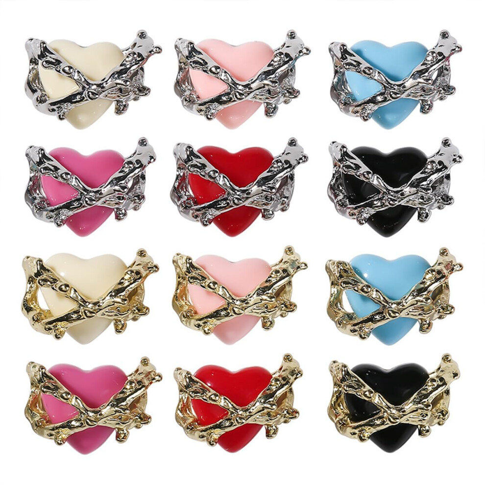 Valentine Nail Charms 12PCS 3D Alloy Colorful Hearts for Manicure and DIY Nail Art Decorations