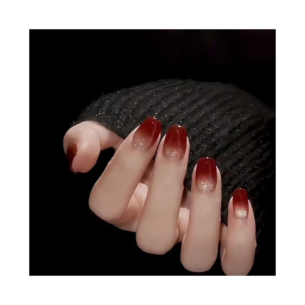 Red Cat Eye French Gradient Square Press On Nails, Reusable Acrylic Fake Nail Set 24PCS