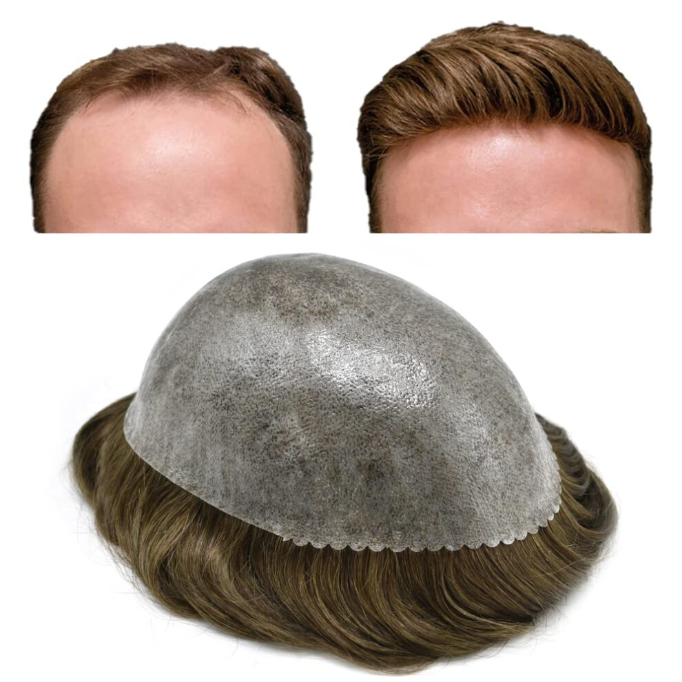 Unisex Brown Mens Toupee Human Hair Thin Skin Hair System Full Poly Base Hairpiece 7X9 Light Gray