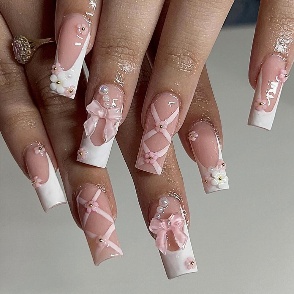Pink,White Long Coffin Press On Nails Set Pink Rhinestone 3D Bow Pearl French Tips Salonquality 24Pcs