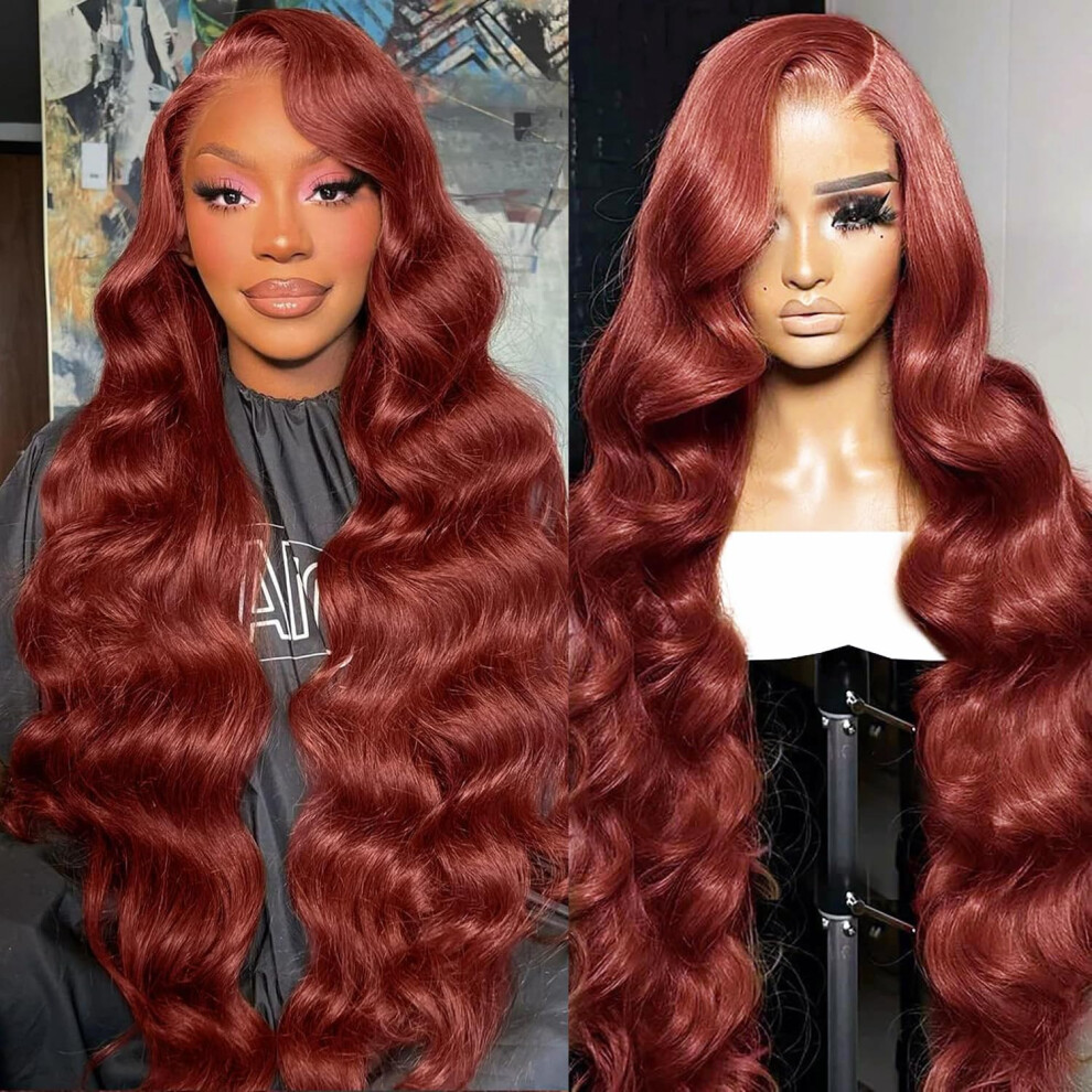 Unisex Brown Reddish Human Hair Lace Front Wig 200 Density 13X6 Hd Lace Body Wave Glueless 22 Inch