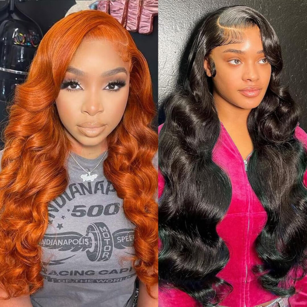 26 Inch Ginger 13x6 Body Wave Lace Front Human Hair Wig HD Transparent Natural Hairline 180 Density