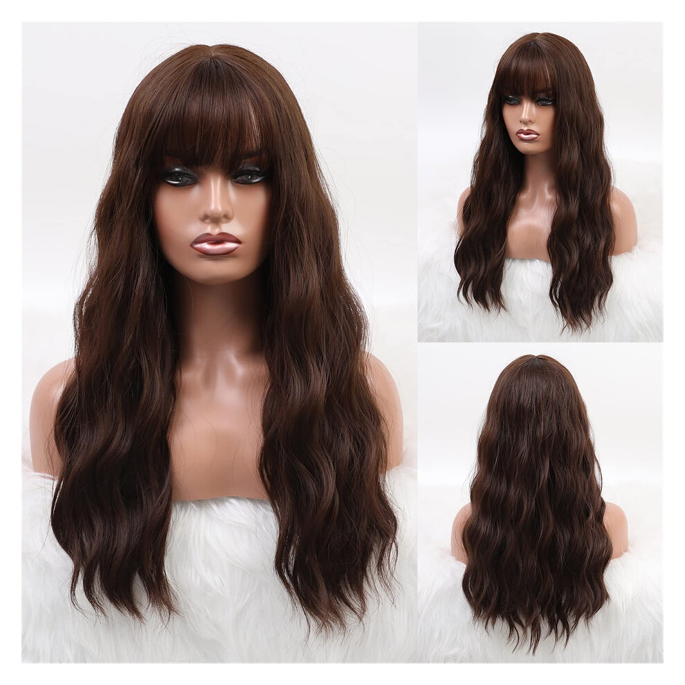 Unisex Brown Women's Long Wavy Wig Synthetic With Middle Part, Natural Hairline, Heat Resistant For Daily Wear