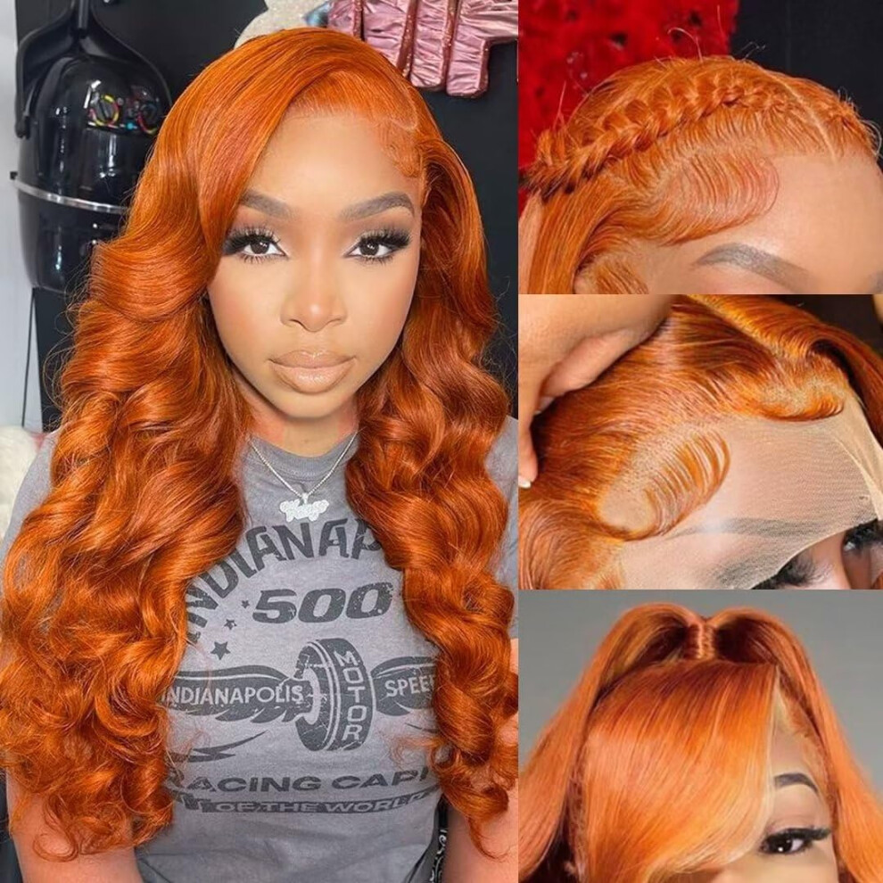 Unisex 28 Inch Ginger Lace Front Wig Human Hair 13X6 Hd Transparent Body Wave Glueless Natural Hairline