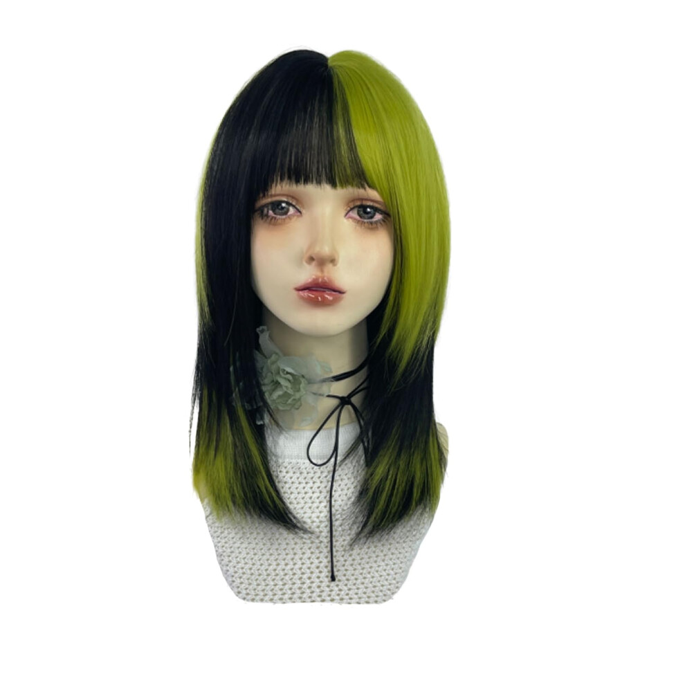 Short Straight Wig with Bangs Heat Resistant Shoulder Length Bob Synthetic Wig Black and Green