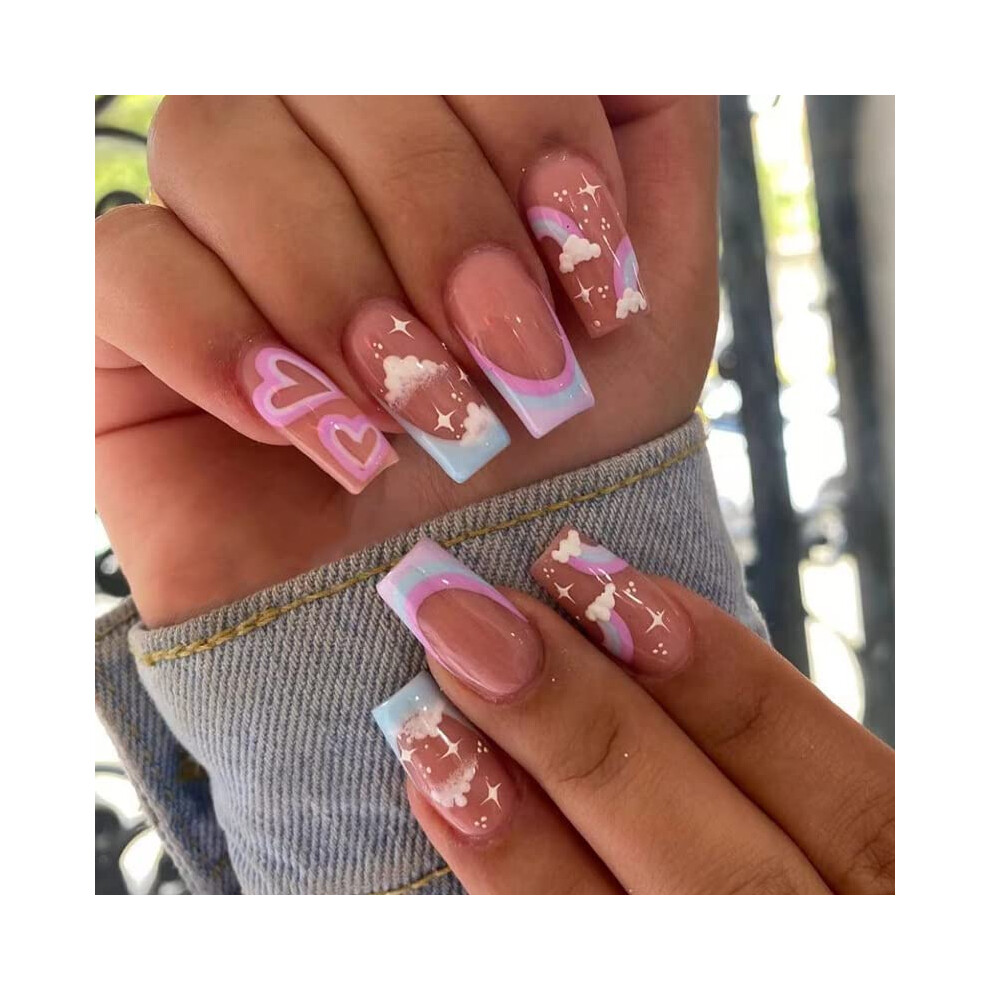 Pink Valentine's Day Heart Coffin Press On Nails Fake Nails Reusable Acrylic 24Pcs Salonquality