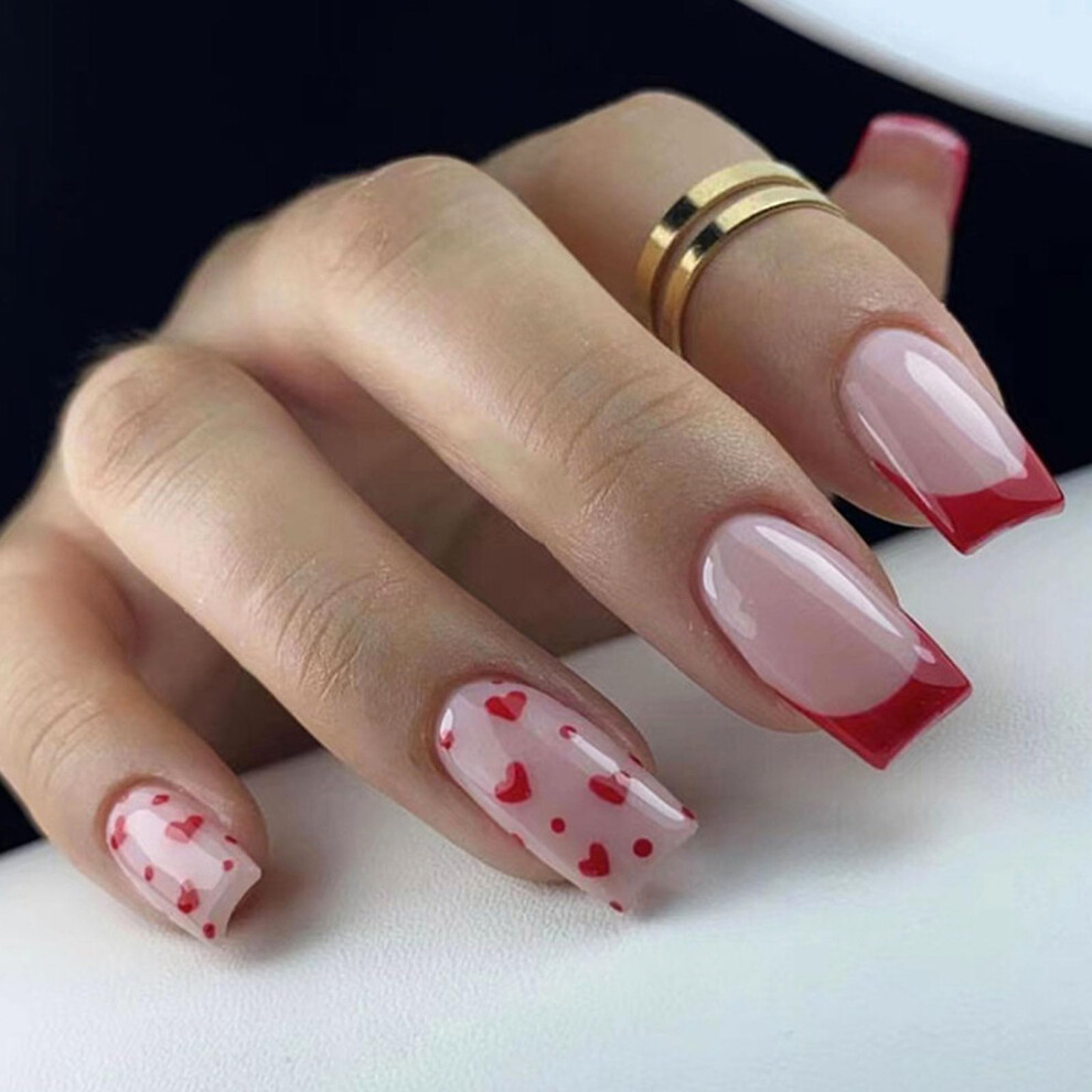 Valentine's Day Press On Nails, Red French Tip Fake Nails, Reusable Square Acrylic Nail Tips, 24Pcs