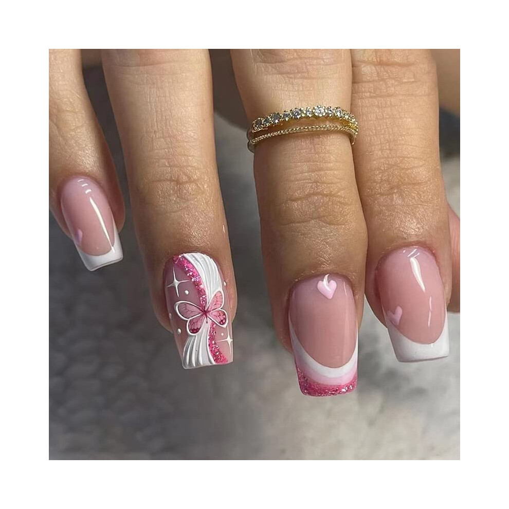Pink Coffin Press On Nails Butterfly Heart Design Medium False Nail Set 24Pcs For Women