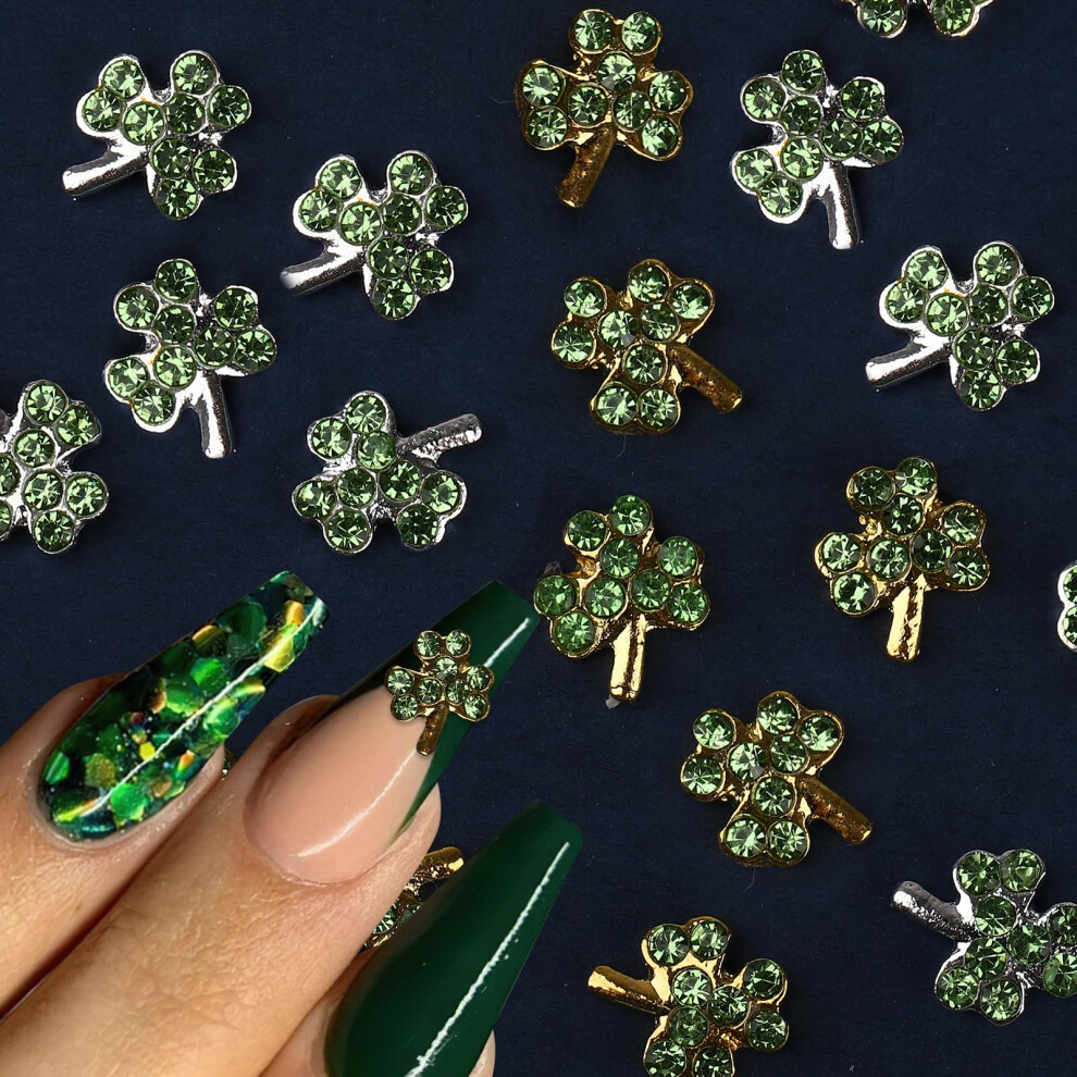 Green Shamrock Nail Charms 16Pcs 3D Rhinestone Decorations For St. Patrick's Day Nail Art