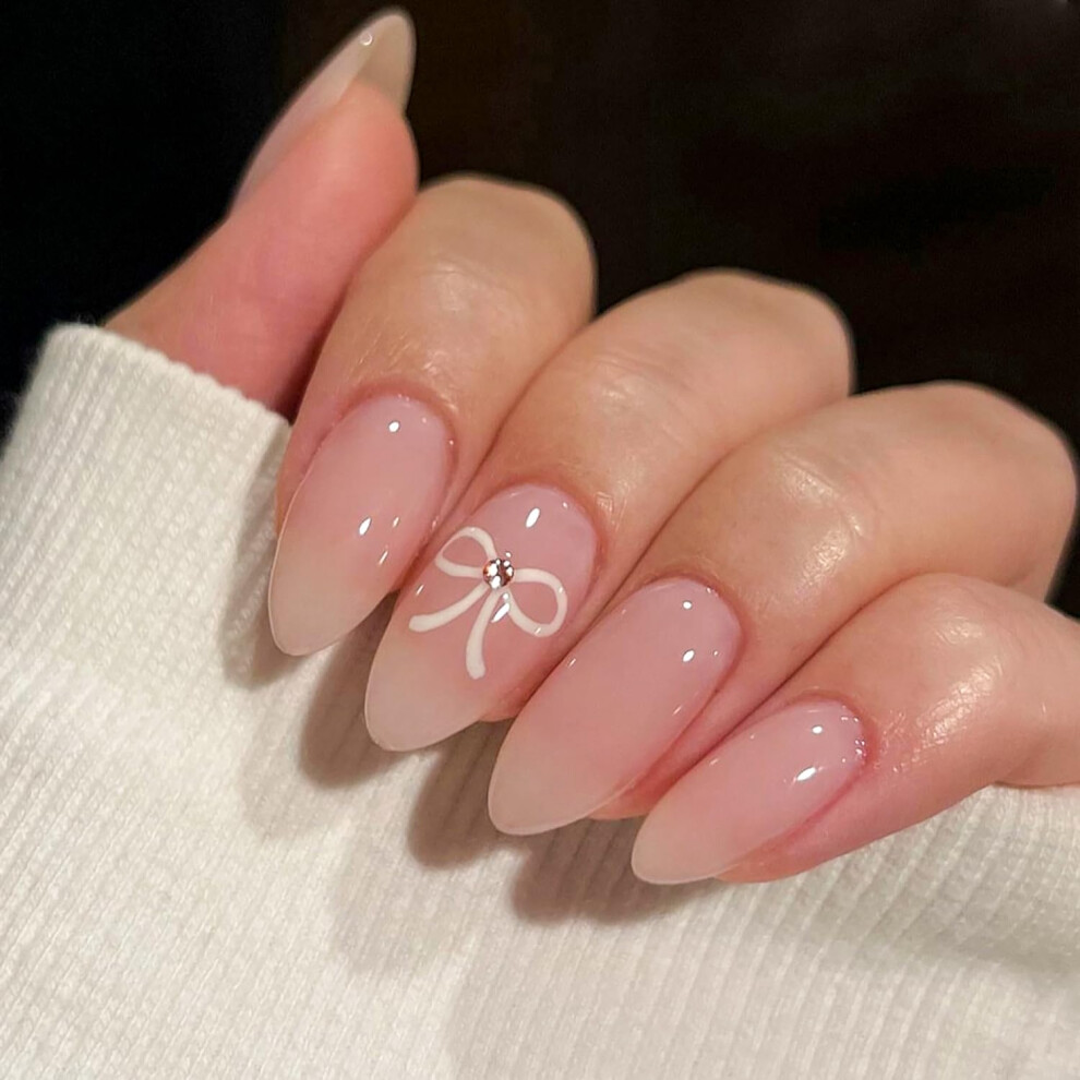 Cream Nude Short Almond Press On Nails With Glue, Reusable Fake Nails For Women, Glossy Full Cover