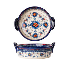 Ceramic Casserole Dish with Handles for Oven to Table, 32oz Vintage Blue and Orange Floral Baking Pan