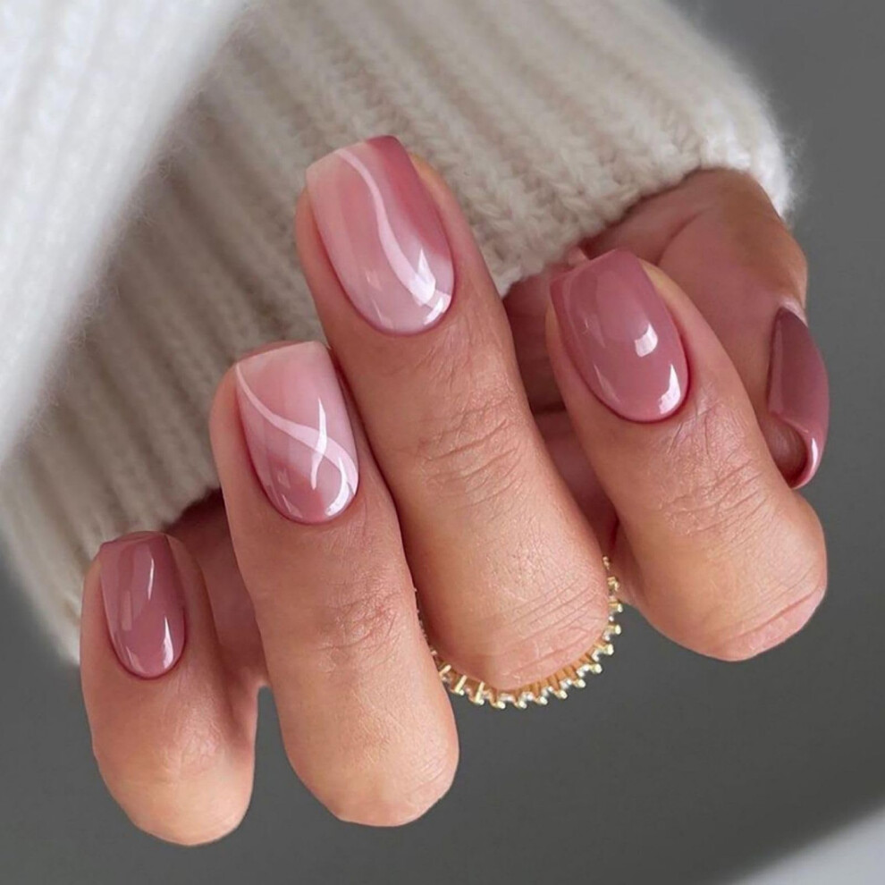 Short Square Nude Pink Press on Nails with Swirl Design, Reusable Glue on Fake Nails for Women