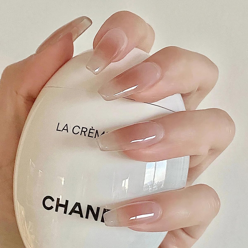Cream Long Coffin Press On Nails Nude Brown Gradient Glossy Acrylic Full Cover Set 24Pcs