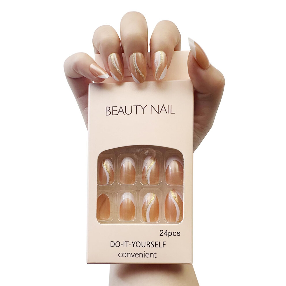 24 PCS Medium Almond Press On Nails Glossy White Gold Fake Nails Instant Salon Look for Women