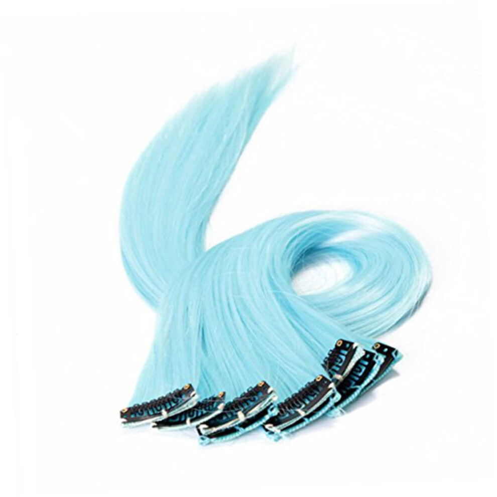 Unisex Blue Clip In Hair Extensions Straight Synthetic Highlights Wathet 10 Pack Instant Hairstyle Change