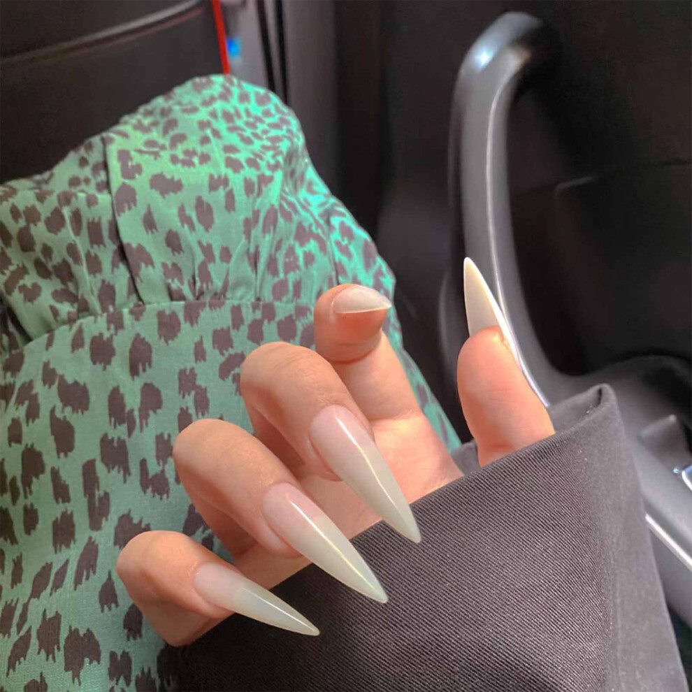 Long Stiletto Press On Nails Glossy White Acrylic Almond Shape Fake Nails for Women 24Pcs