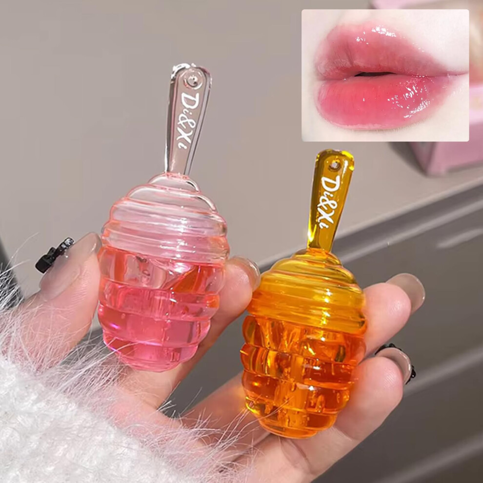 2 PCS Moisturizing Tinted Lip Oil and Hydrating Plumping Lip Gloss with Natural Honey Balm