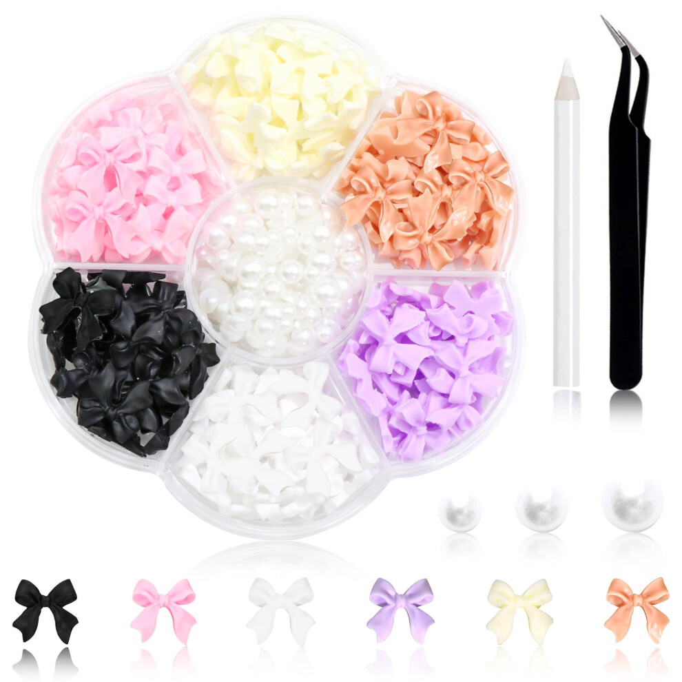 White 300Pcs 3D Bow Nail Charms And Flatback Pearls Set For Acrylic Nails Diy Art Decorations