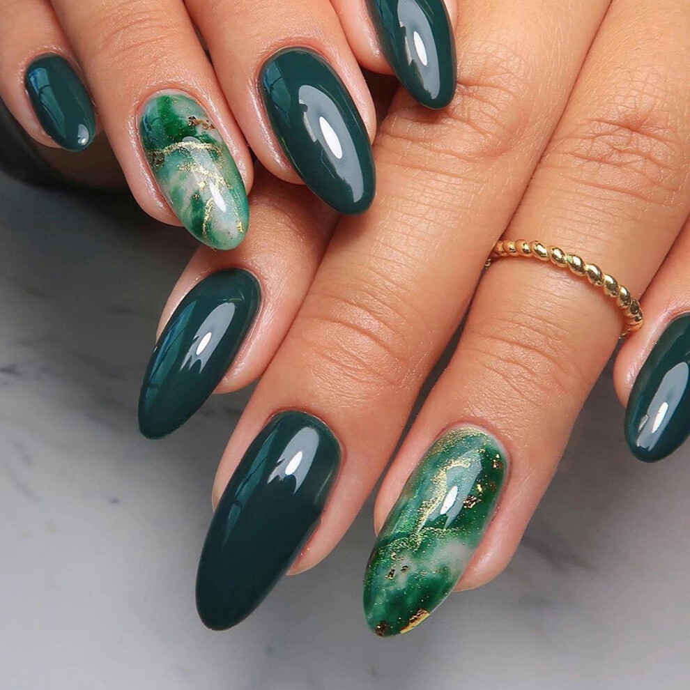 Green Medium Almond Press On Nails Dark Ombre Glitter Stiletto False Nails 24Pcs Salon Quality