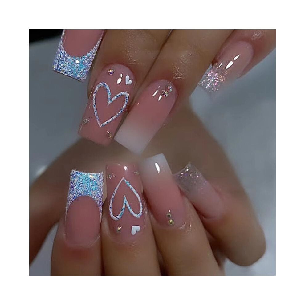Pink Ombre Press On Nails With Rhinestones, 24Pcs Medium Square Glitter Fake Nails For Women