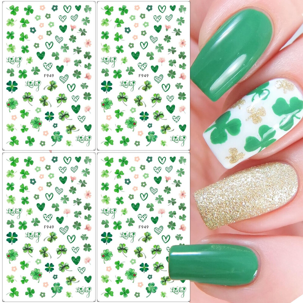 Green St. Patrick's Day Nail Stickers Shamrock Nail Art Decals Lucky Clover Decorations 4 Sheets