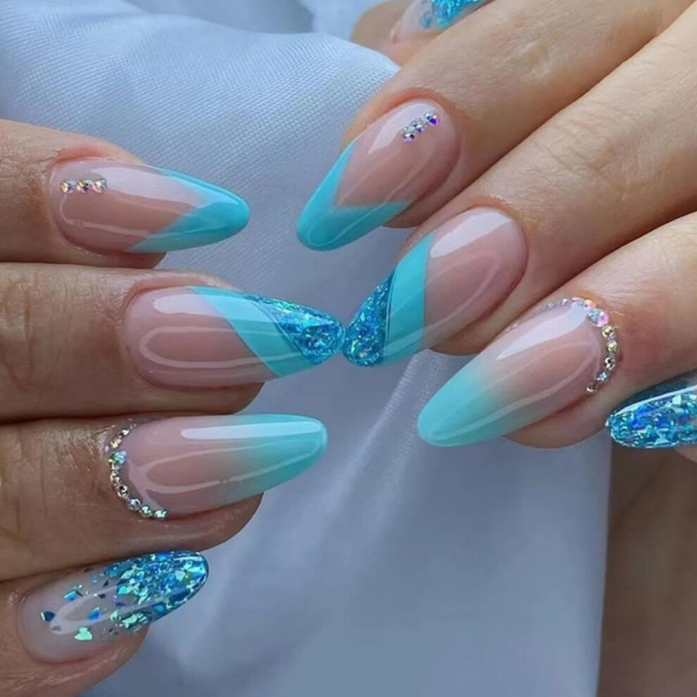Blue Gradient Almond Press On Nails with Rhinestone French Tips, Medium Length, 24PCS with Glue