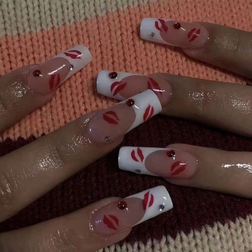 Long White Press On Nails with French Tips, Glossy Acrylic Fake Nails, 24pcs Multiple Sizes