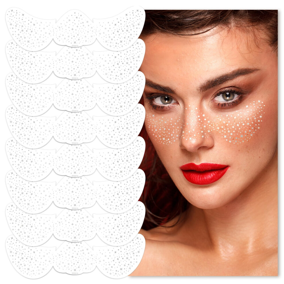 Silver Glitter Face Tattoos With Faux Freckles Stickers, Waterproof Skinfriendly Festival Rave Makeup