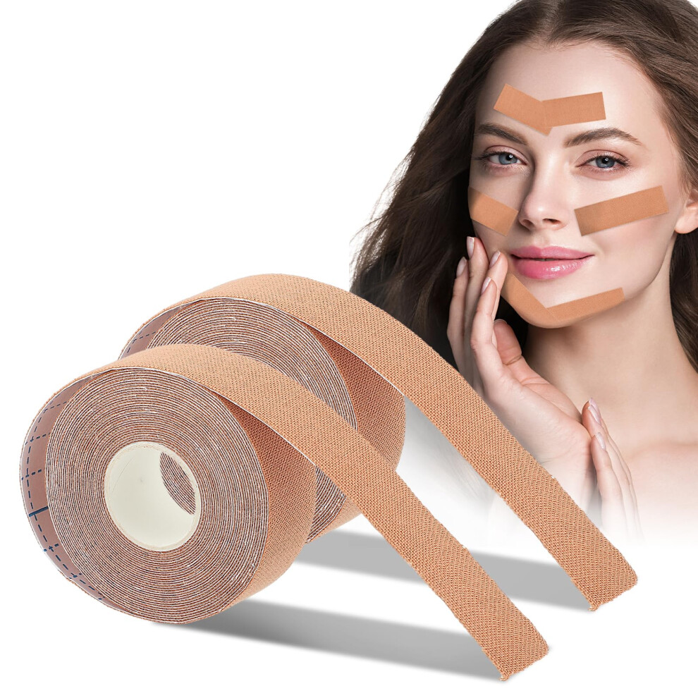 Face Lift Tape and Facial Wrinkle Patches for Sagging Skin, Double Chin Contouring, Face and Neck Firming, CuttoFit Design, 2 Rolls 1in x 16.4ft