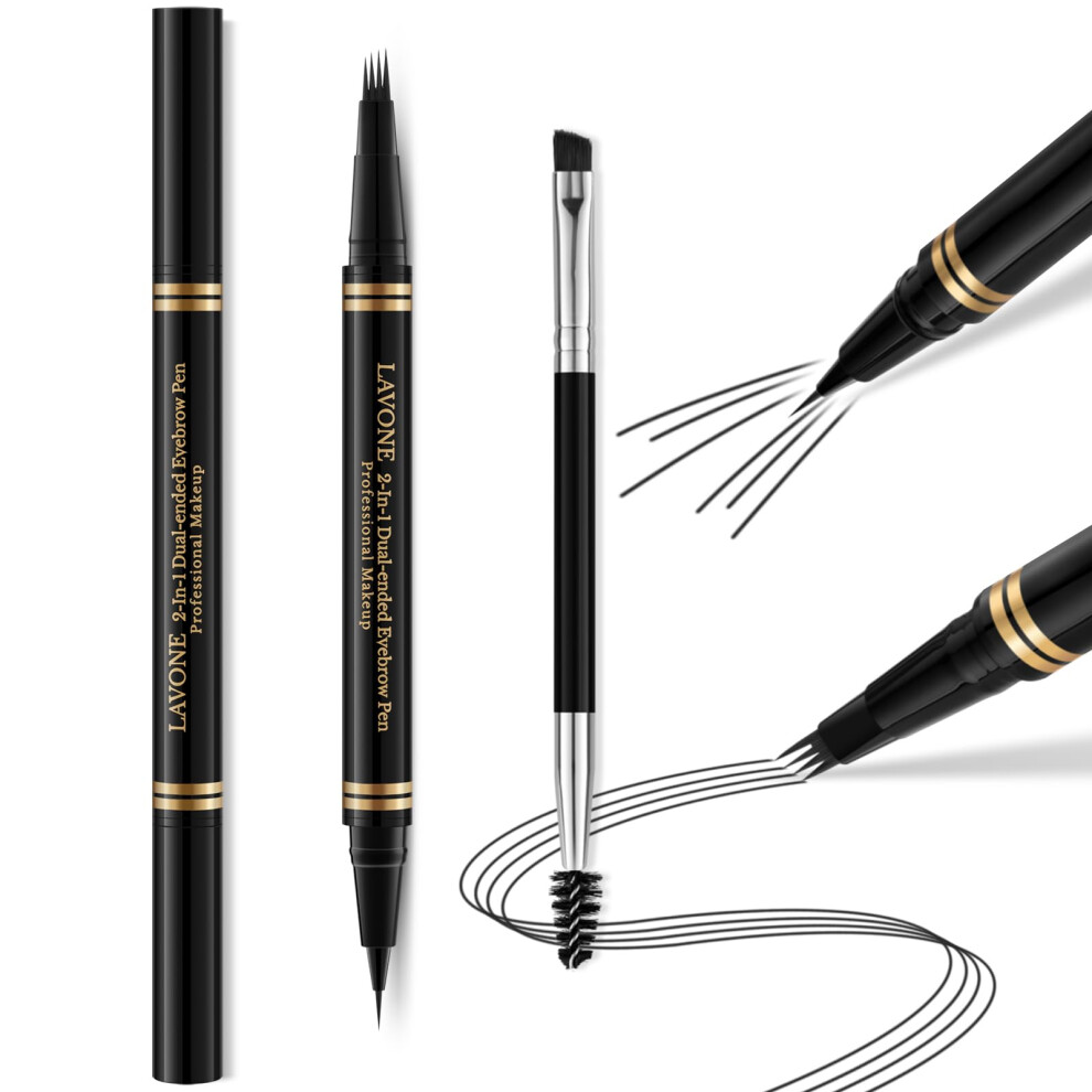 Black 2In1 Microblading Eyebrow Pen With Dualended Waterproof Pencil, Longlasting Smudgeproof Brow Makeup