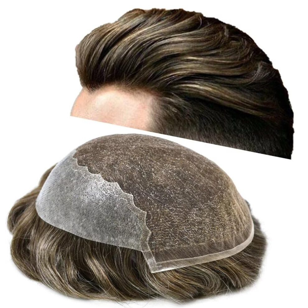 Unisex Brown,Grey Mens Toupee Human Hairpiece French Lace Front Natural Hairline Bleached Knots 8X10 #430 Medium Brown 30% Grey