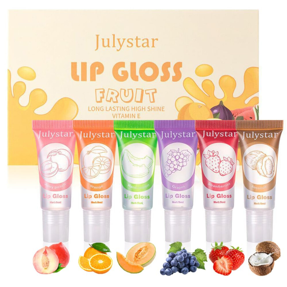 Peach/Orange 6 Pcs Fruity Flavored Lip Oil Set With Vitamin E, Hydrating Plumping Lip Gloss For Dry Lips