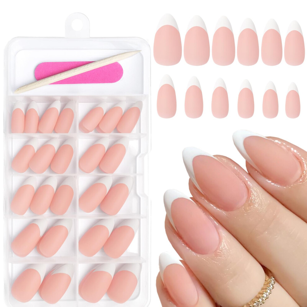 Pink,Cream French Tip Press On Nails Medium Almond Matte Nude Pink, 120Pcs Soft Gel Kit With Adhesive Tabs