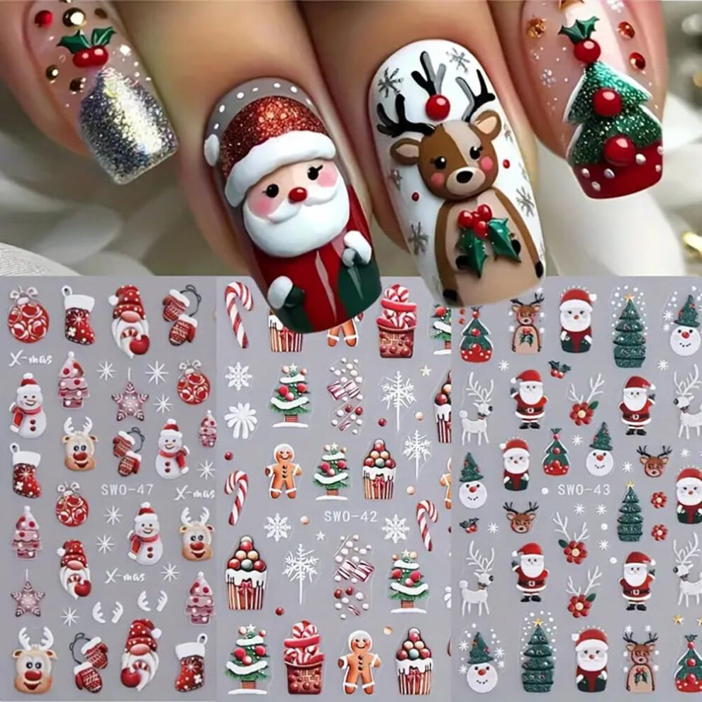 Christmas Nail Stickers 5D Embossed Snowflake Reindeer Santa Tree Holiday Nail Decals 3PCS