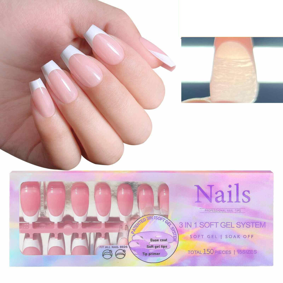 Coffin French Tip Press On Nails 150pcs Soft Gel Nail Tips Long Lasting Reusable Natural Finish
