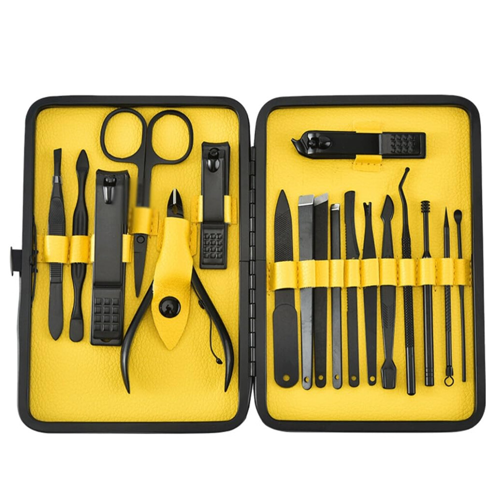 Stainless Steel Nail Clippers Set with Ergonomic Grip, Sharp Edge for Fingers and Toes, Black 18pcs