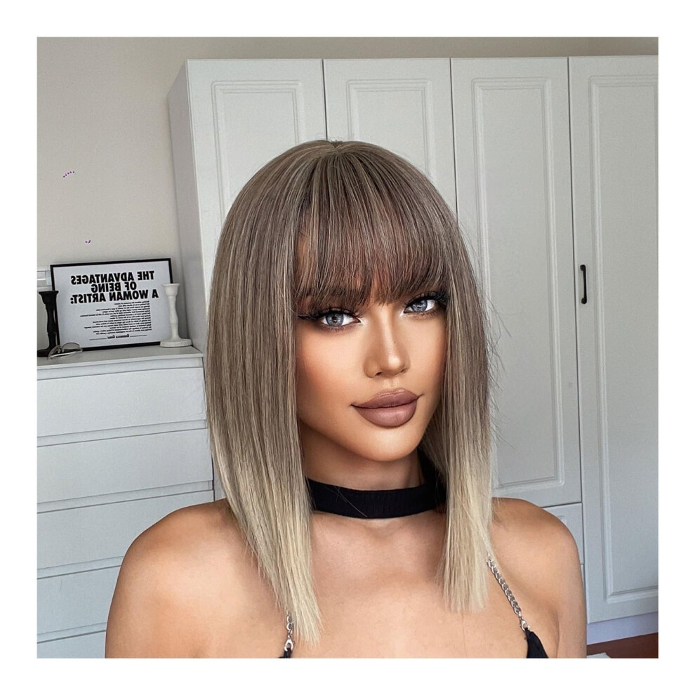 Unisex Gray Short Bob Wig Blonde Ombre With Bangs Heat Resistant Synthetic Wig For Women Natural Looking