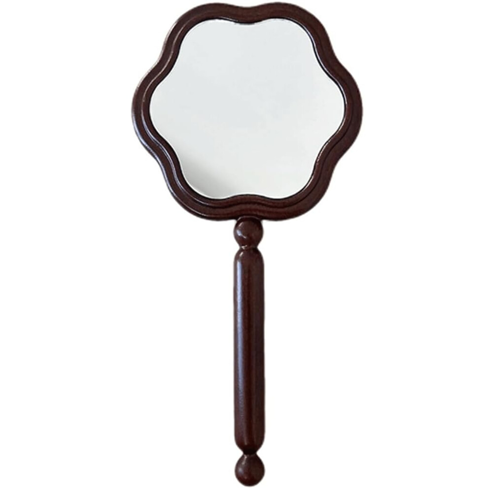 Vintage Handheld Makeup Mirror with Elegant Solid Wooden Handle for Beauty Salon and Home Use