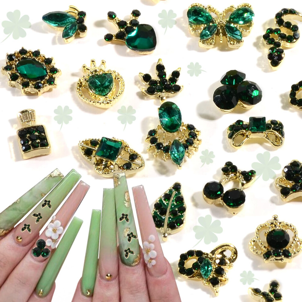 Green Emerald Nail Charms 30Pcs Luxury Rhinestone Decorations For Acrylic Nails Butterfly Heart Bow
