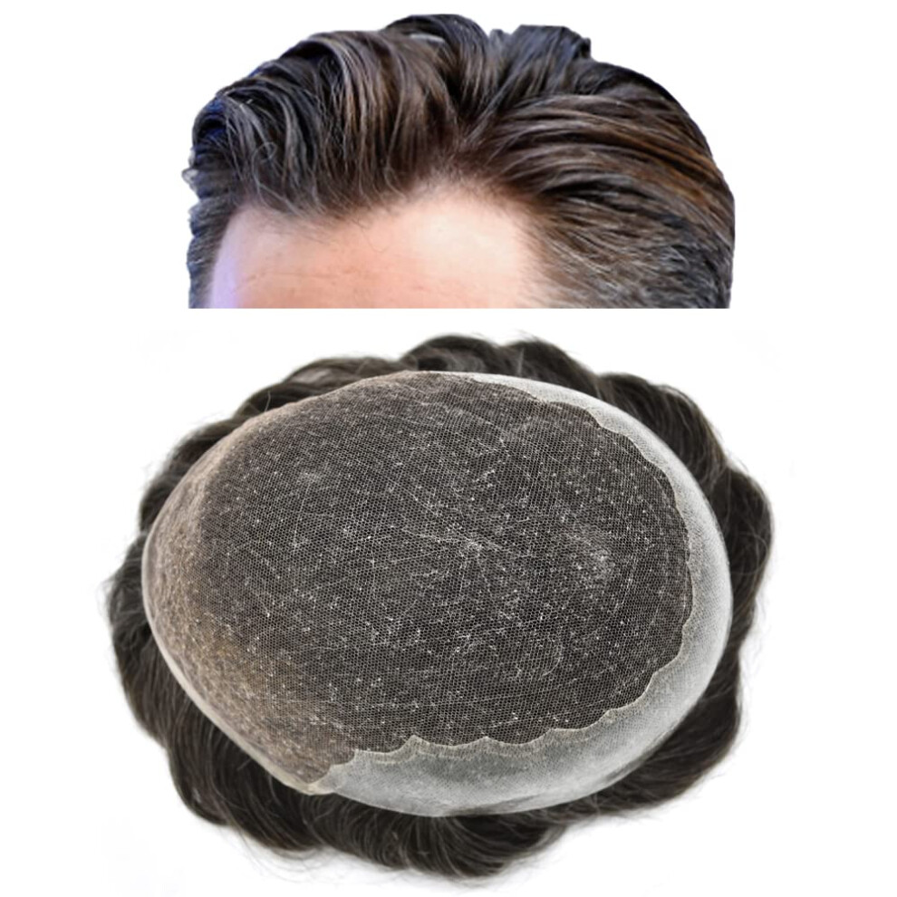 Unisex Brown,Grey Men's Toupee Human Hair Swiss Lace Hairpiece With Natural Hairline 7X9 Dark Brown Grey Blend