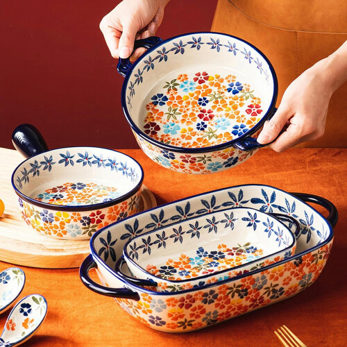 Ceramic Baking Dish with Handles, Oven and Microwave Safe Colorful Flower Pattern Rectangular Pan 2