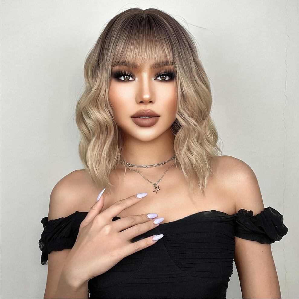 Unisex Blonde Bob Wig With Bangs 14 Inch Short Curly Heat Resistant Synthetic Glueless Wig For Women