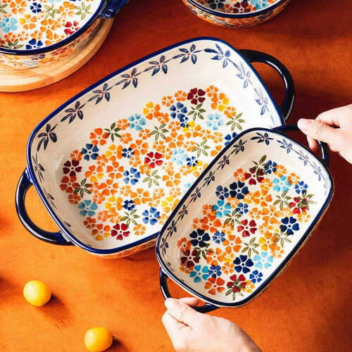 Ceramic Baking Dish with Handles, Oven and Microwave Safe Colorful Flower Pattern Rectangular Pan 1