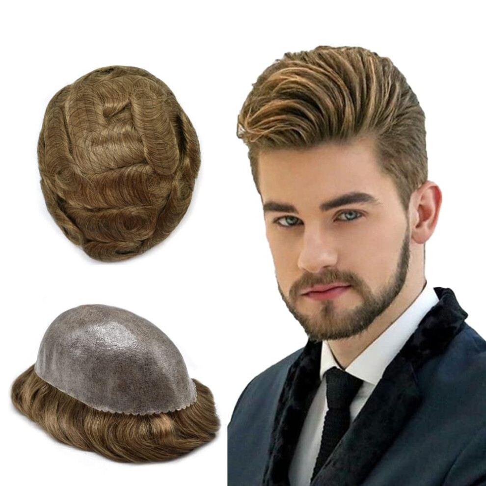 Unisex Dark Mens Toupee 8X10 Remy Human Hair With Natural Hairline Thin Skin Poly Base Ash Blonde