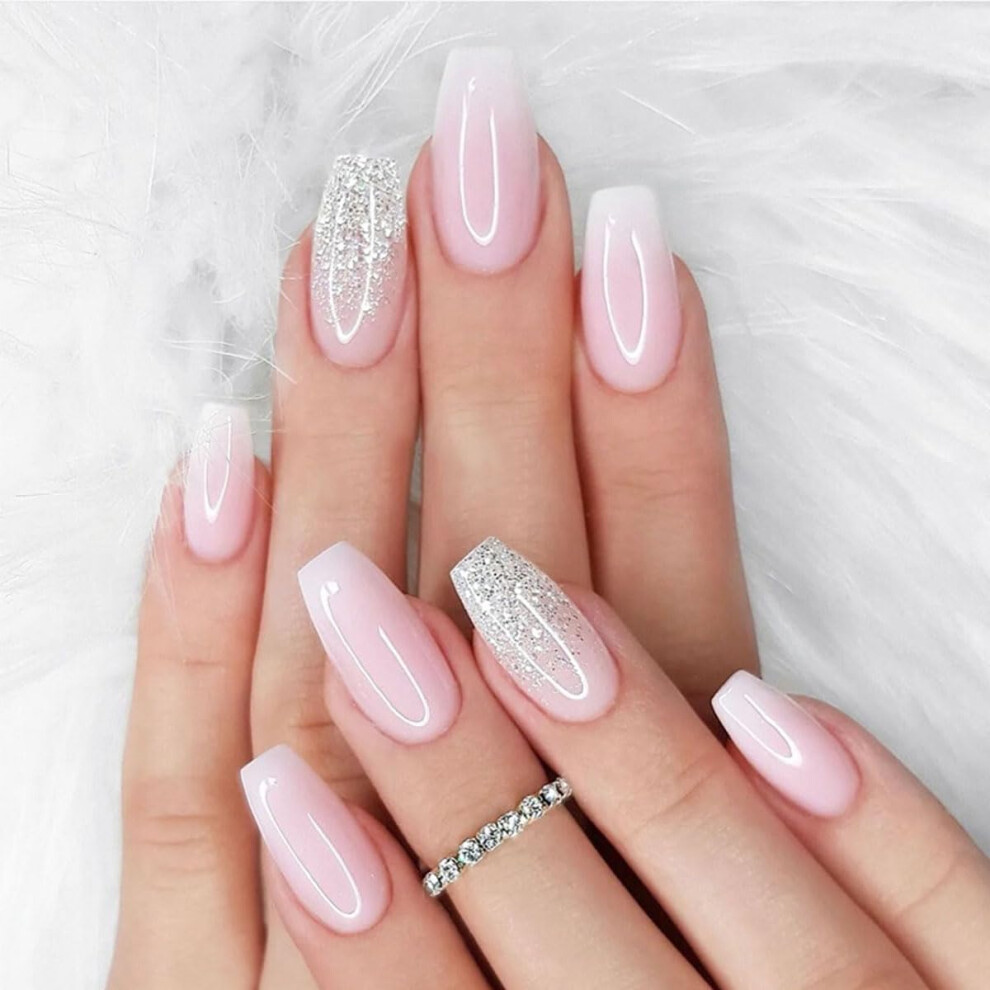 Pink Gradient Coffin Press On Nails With Silver Glitter, Reusable Acrylic False Nails Set 24Pcs