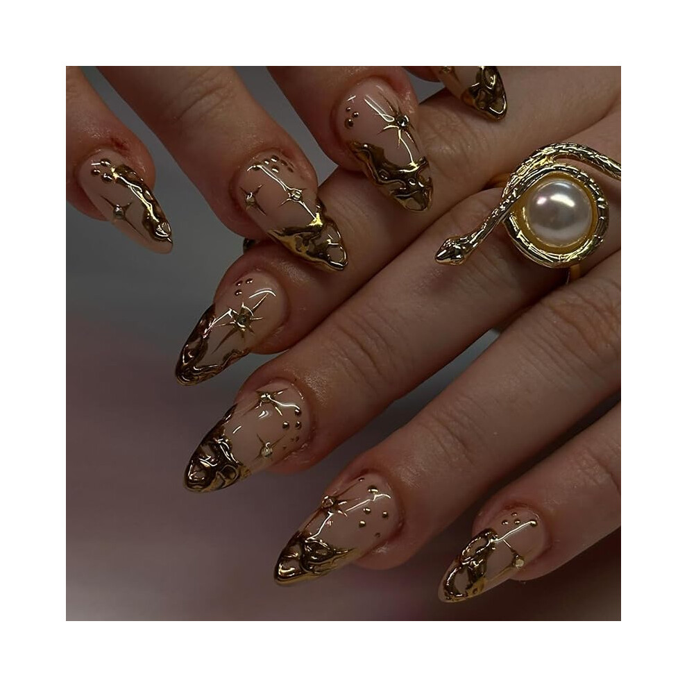 Gold Medium Almond Press On Nails Brown Sun Moon Fake Nails Fall Theme Salonquality 30Pcs
